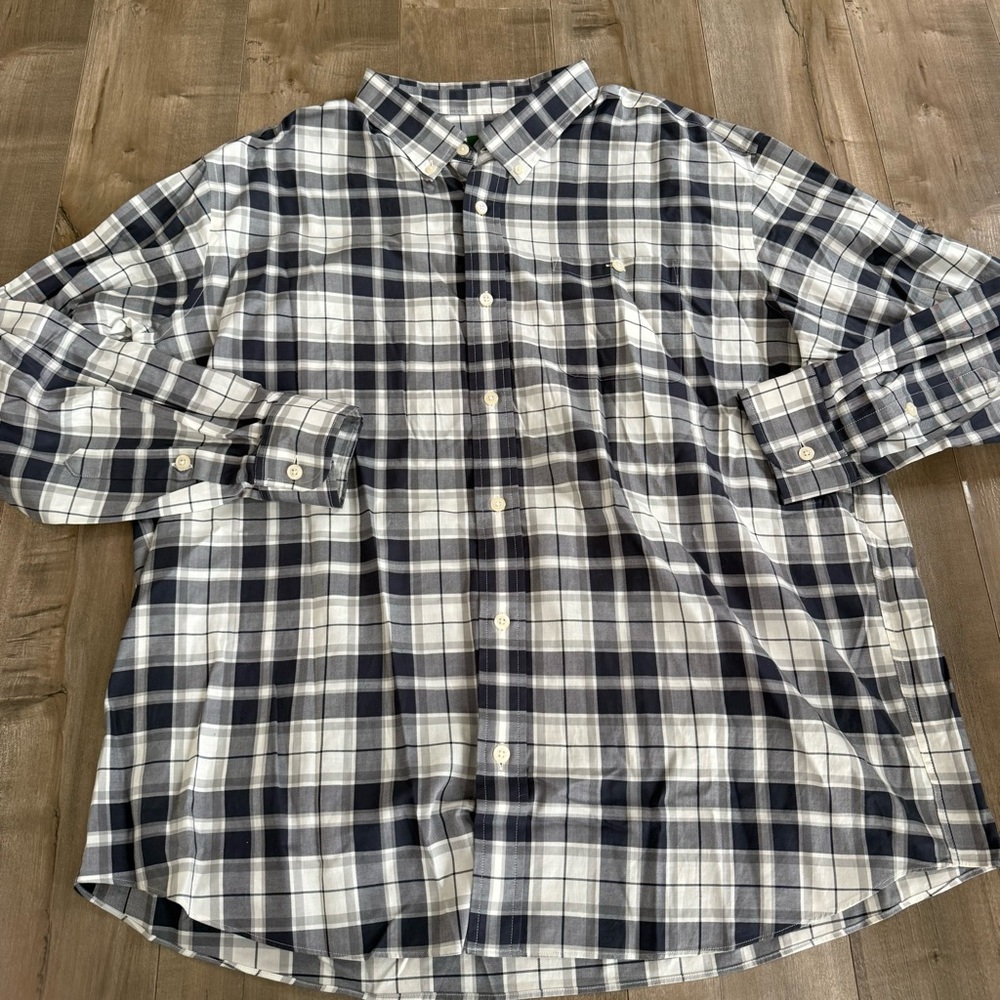 Orvis Button Down Shirt Classic Fit XXL Check Plaid‎ Navy Blue White Pocket